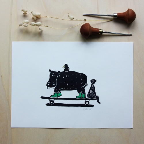 Linogravure - hippopotame et compagnie