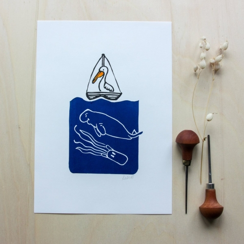 Linogravure - Pélican et compagnie