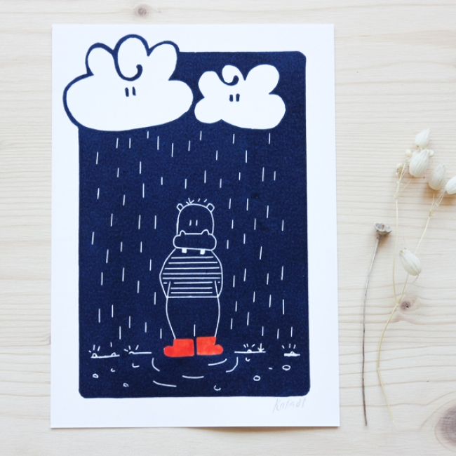 Linogravure - Hippopotame sous la pluie