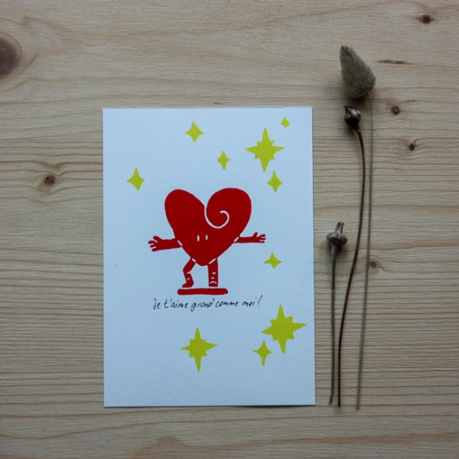 Linogravure - coeur - Je t'aime grand comme moi !